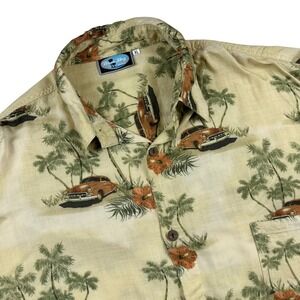 Vintage Blue Sky Mens XL Hawaiian Shirt Car Palm Tree Hibiscus Rayon Tan Green